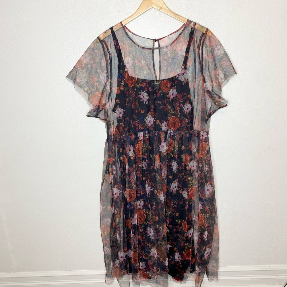 Torrid Black and Red Floral Dress Mesh Overlay Short Sleeve